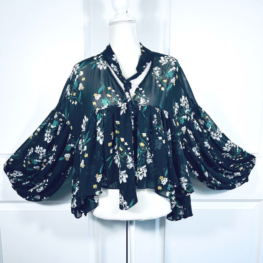Floral Top Womens Medium Blue Flowy Balloon Sleeve Boho Hippie Festival Fairy